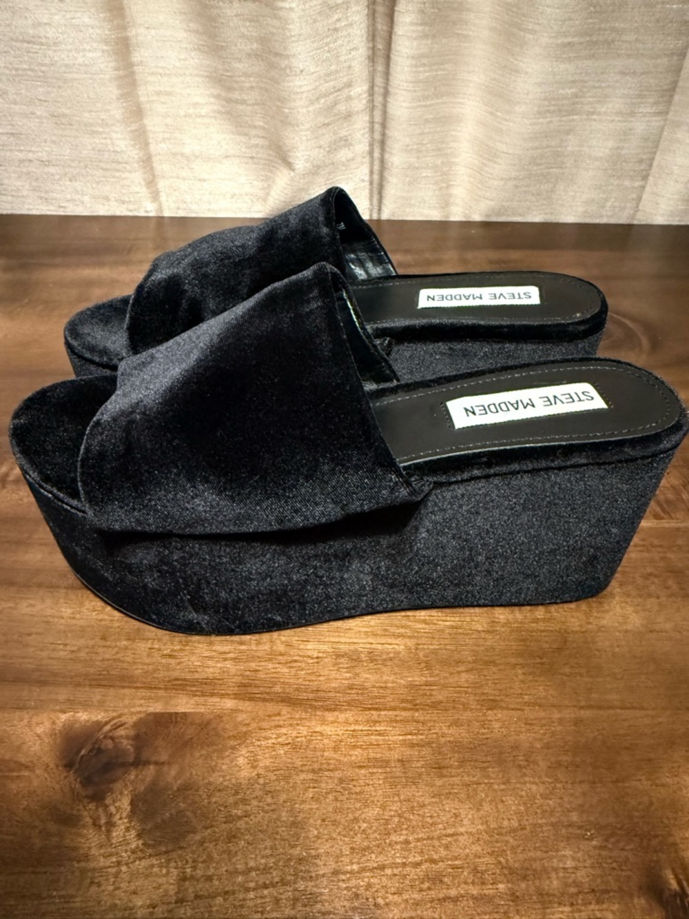 Steve Madden Black Velvet Platform Slide Wedges